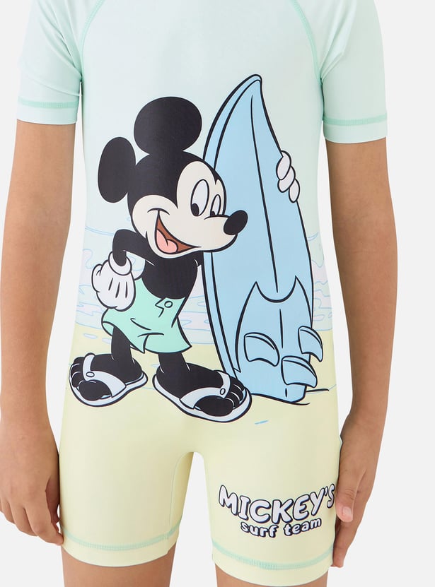 Juniors Mickey Mouse Print Swimsuit with Raglan Sleeves