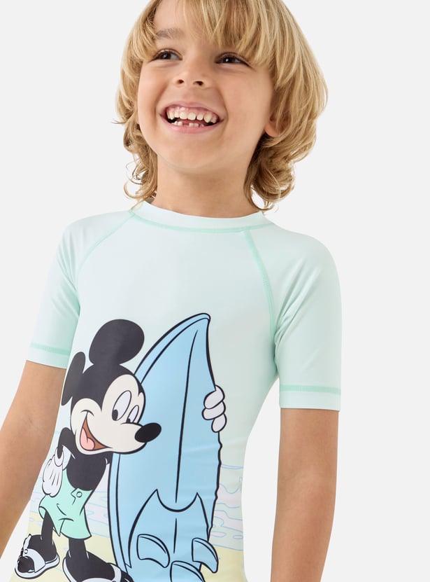 Juniors Mickey Mouse Print Swimsuit with Raglan Sleeves