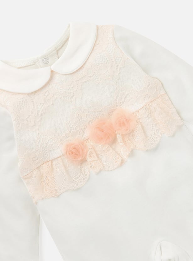 Giggles Lace Detail Closed Feet Sleepsuit with Collar and Long Sleeves