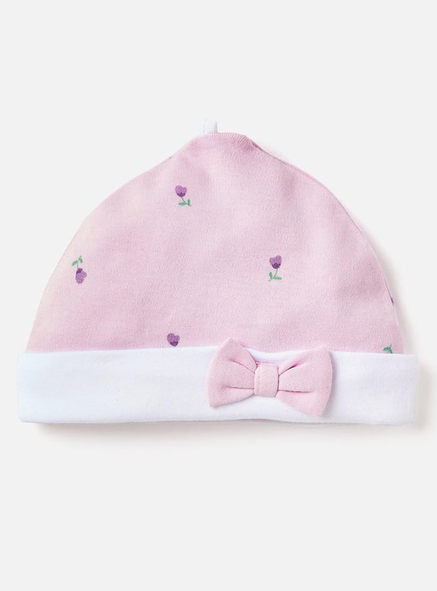 Juniors Floral Print Beanie with Bow Applique