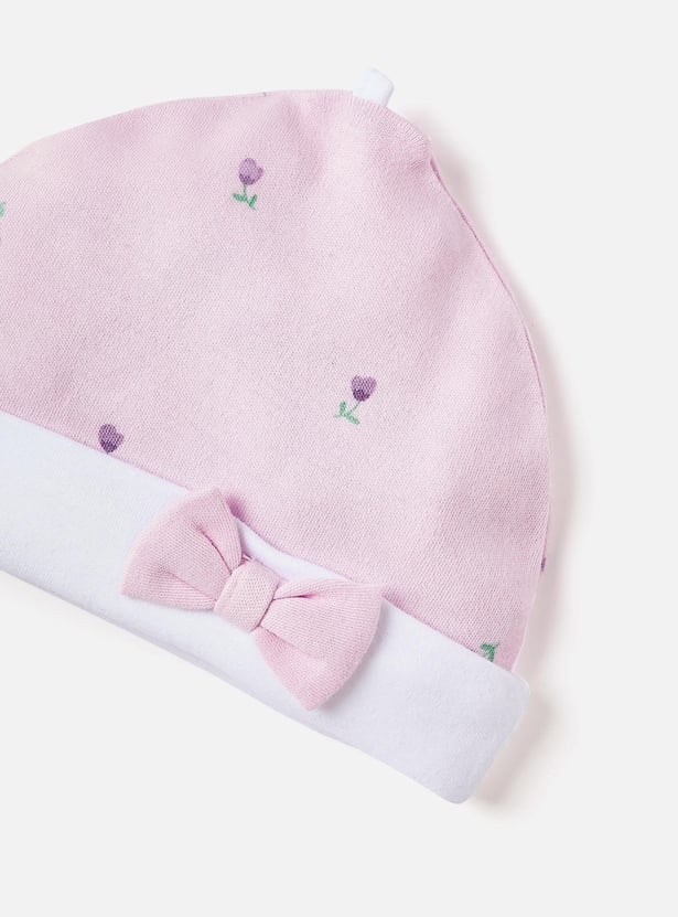 Juniors Floral Print Beanie with Bow Applique