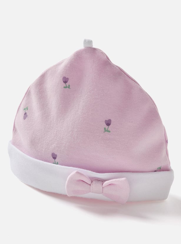 Juniors Floral Print Beanie with Bow Applique