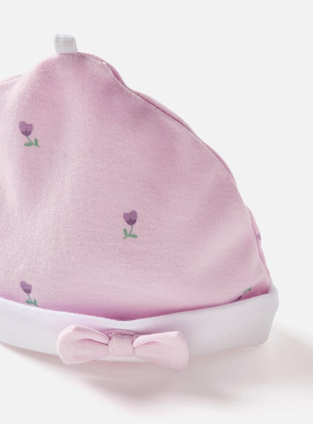 Juniors Floral Print Beanie with Bow Applique