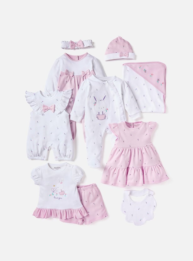 Juniors Floral Print Beanie with Bow Applique