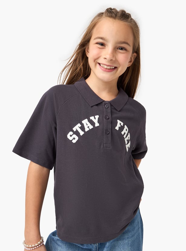 Juniors Typographic Print Polo T-shirt with Short Sleeves