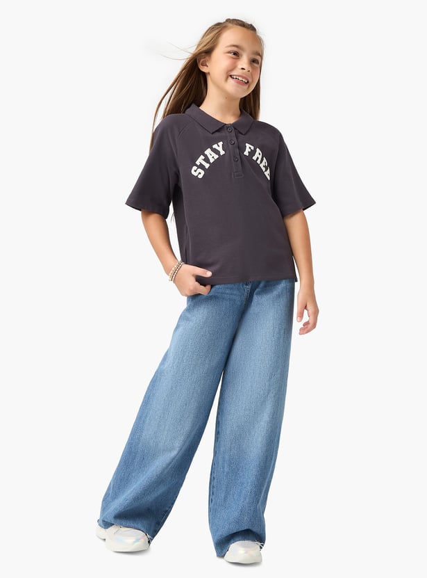 Juniors Typographic Print Polo T-shirt with Short Sleeves