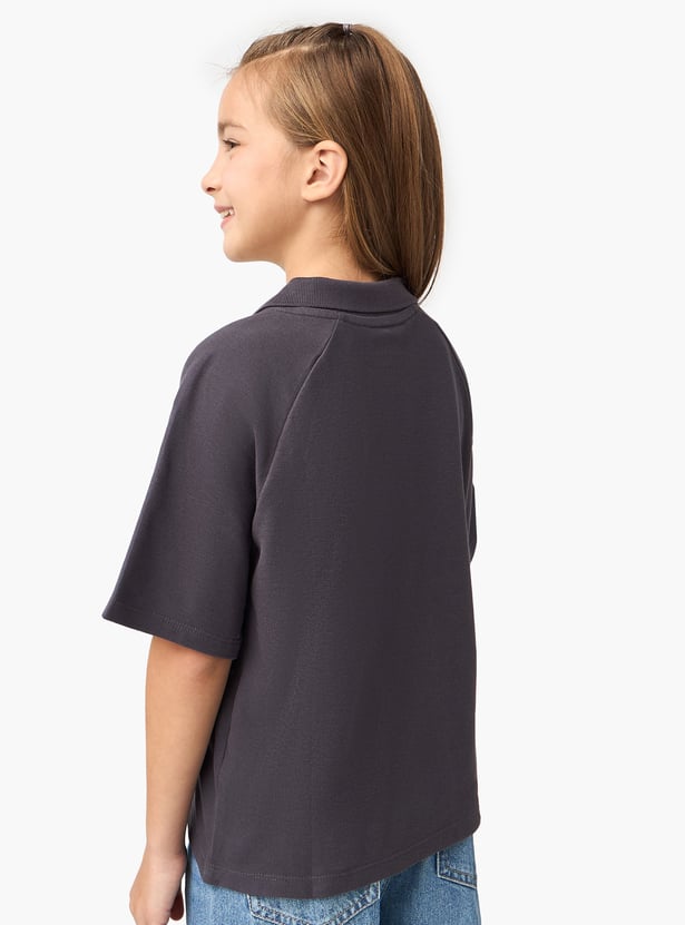 Juniors Typographic Print Polo T-shirt with Short Sleeves