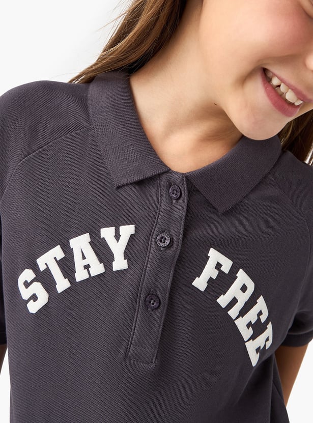 Juniors Typographic Print Polo T-shirt with Short Sleeves