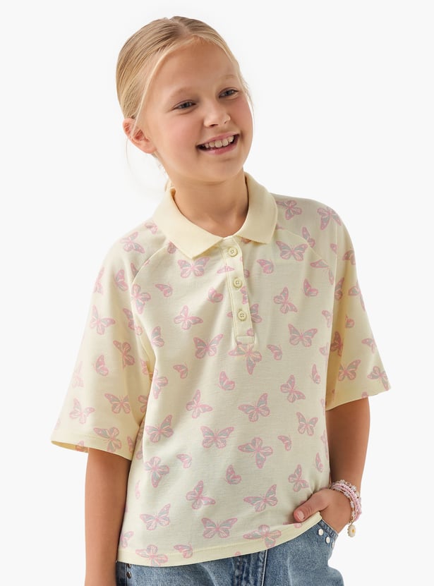 Juniors Butterfly Print Polo T-shirt with Half Button Placket