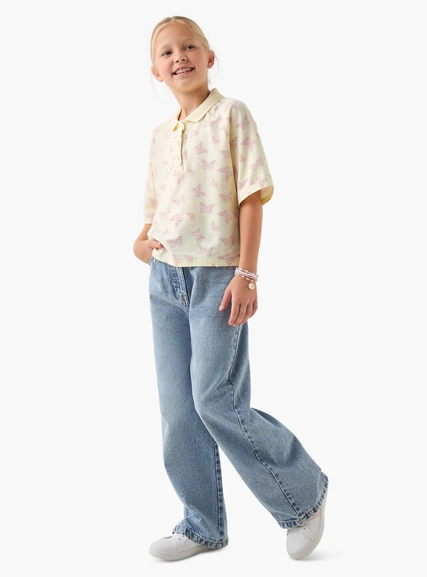 Juniors Butterfly Print Polo T-shirt with Half Button Placket