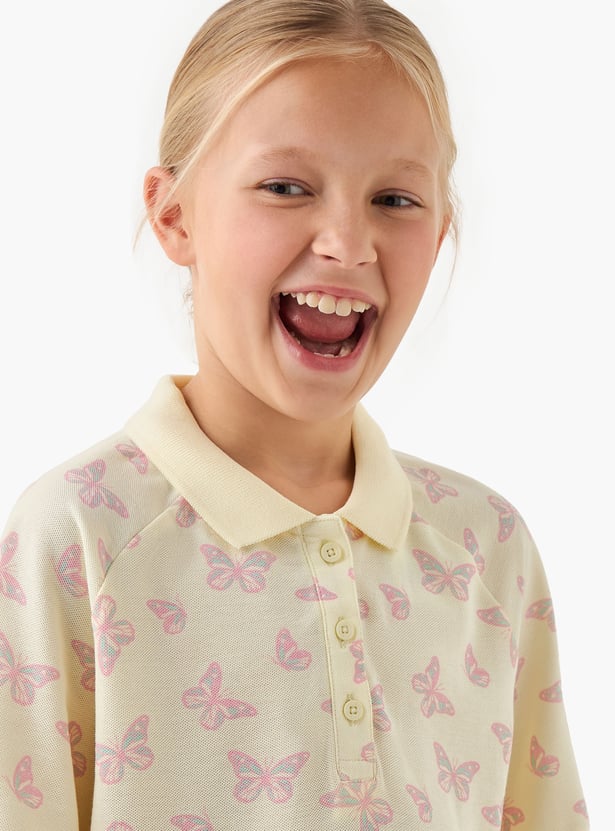 Juniors Butterfly Print Polo T-shirt with Half Button Placket