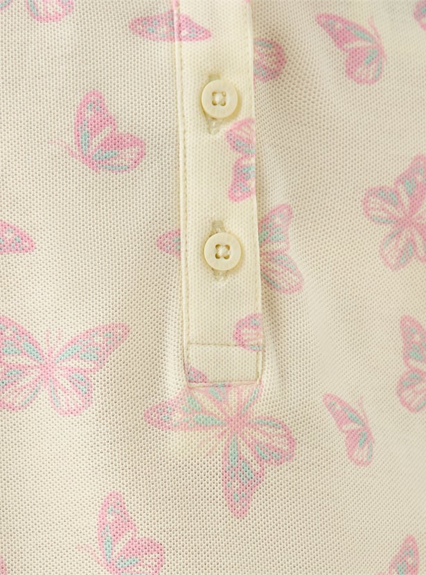 Juniors Butterfly Print Polo T-shirt with Half Button Placket