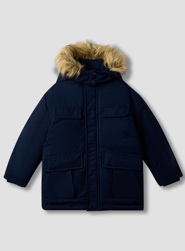 Juniors Faux-Fur Trim Hooded Parka with Zip Closure