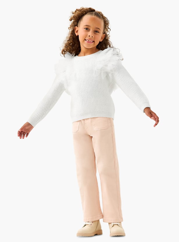 Juniors Textured Sweater with Long Sleeves and Tulle Detail