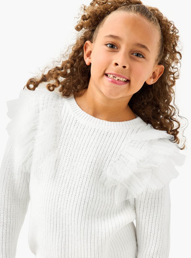 Juniors Textured Sweater with Long Sleeves and Tulle Detail