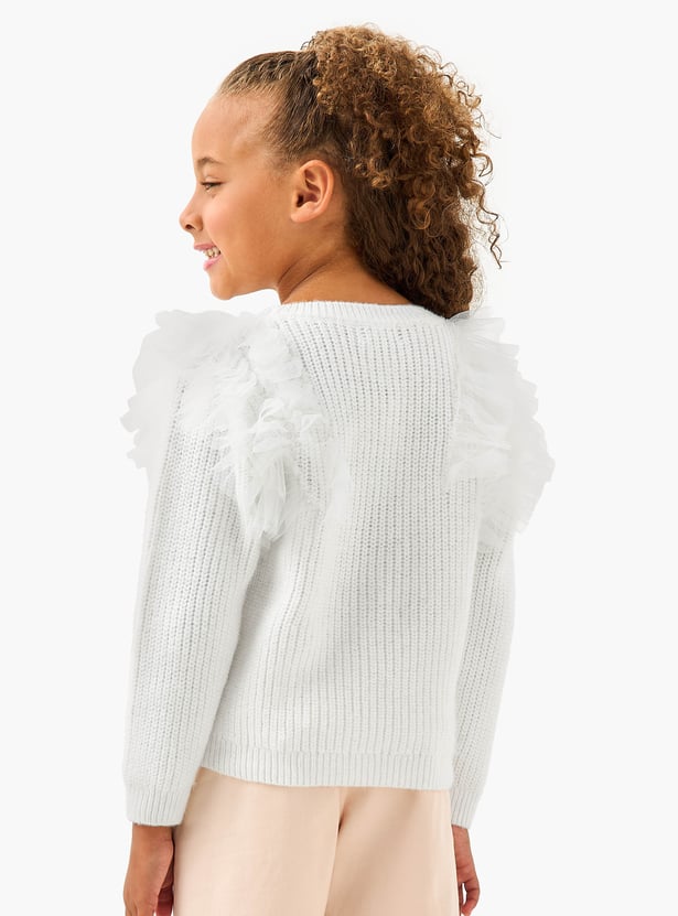 Juniors Textured Sweater with Long Sleeves and Tulle Detail