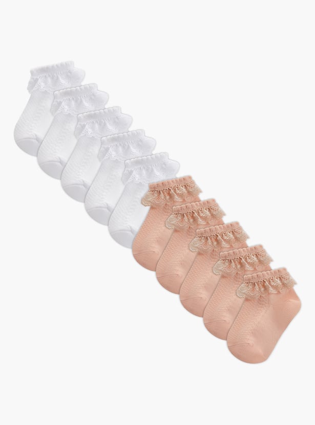 Juniors Ankle Length Socks with Lace Trim - Set of 10