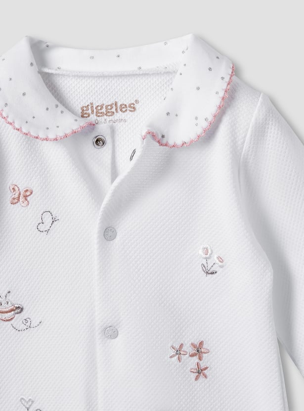 Giggles Embroidered Sleepsuit with Long Sleeves