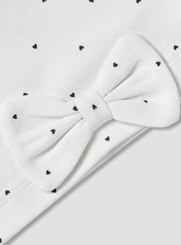 Juniors Heart Print Beanie with Bow Applique