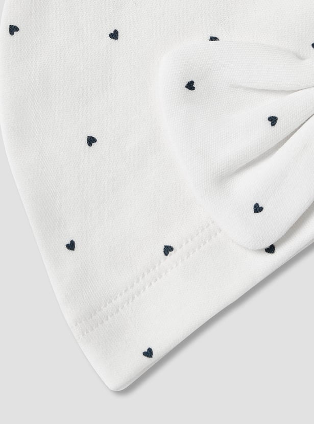 Juniors Heart Print Beanie with Bow Applique