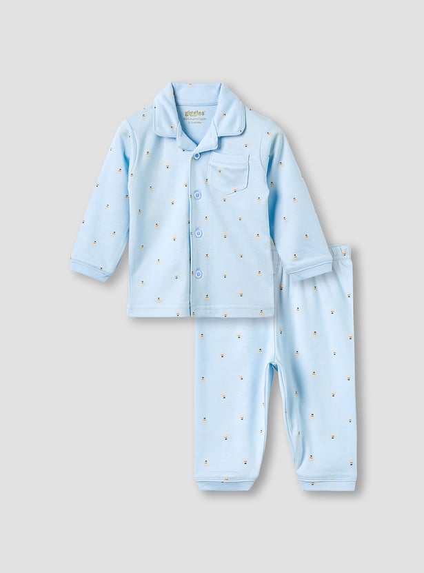 Giggles Bear Print Shirt and Pyjama Set with Pocket