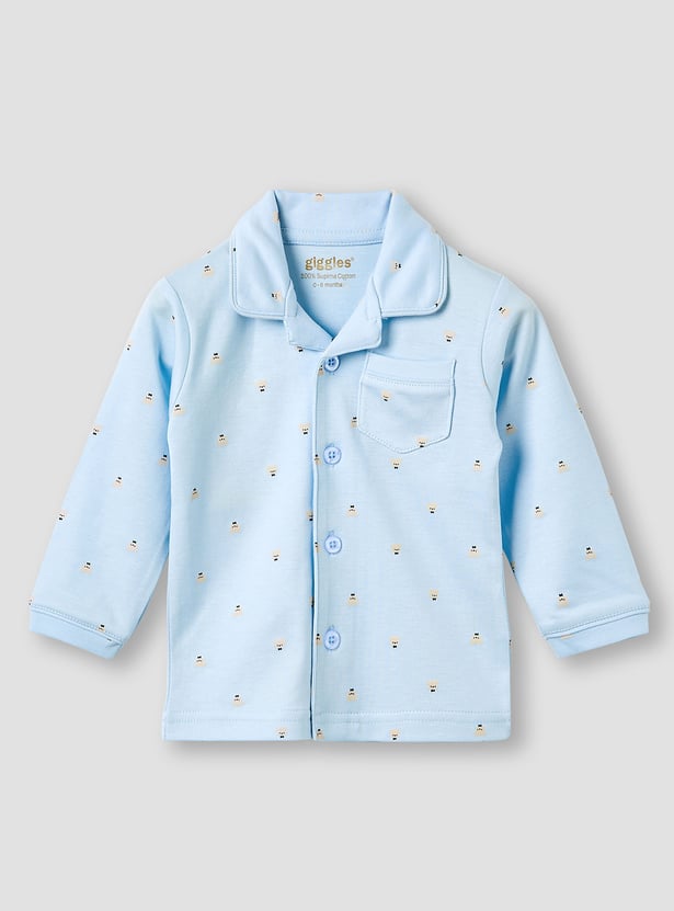 Giggles Bear Print Shirt and Pyjama Set with Pocket