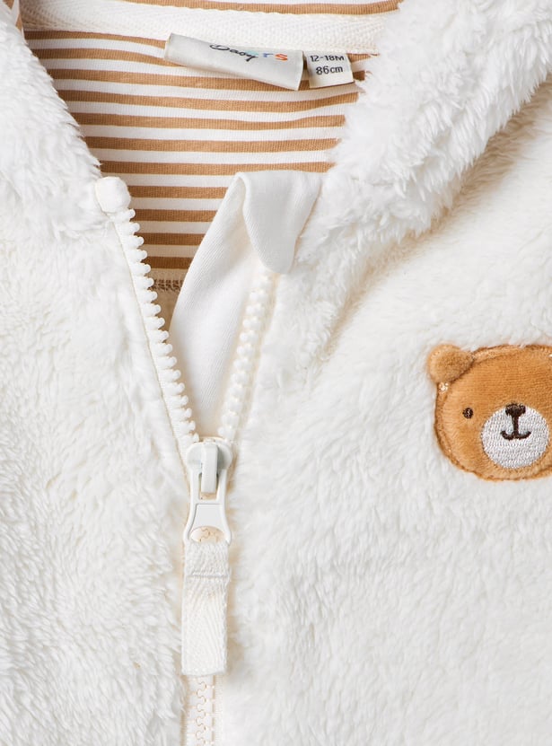 Juniors Bear Applique Zip Through Hoodie with Long Sleeves