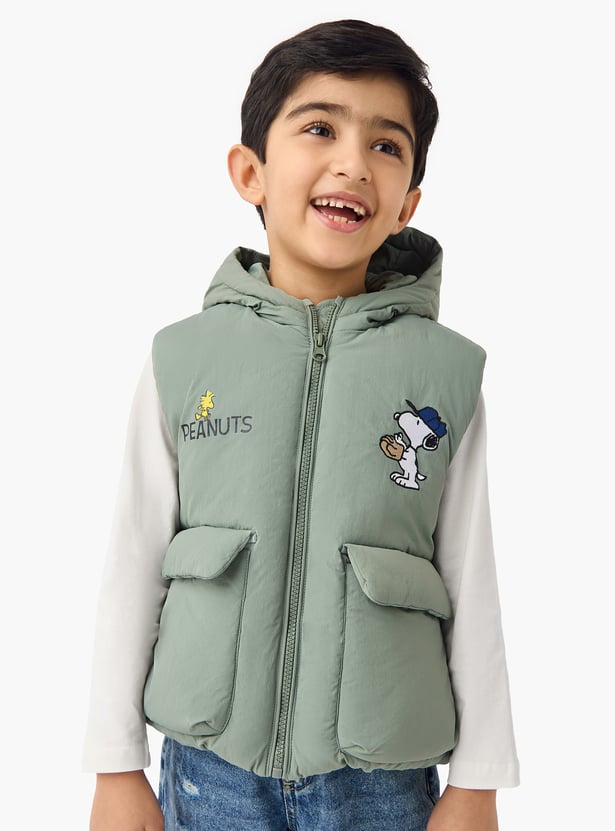 Juniors Peanuts Print Hooded Gilet with Pockets