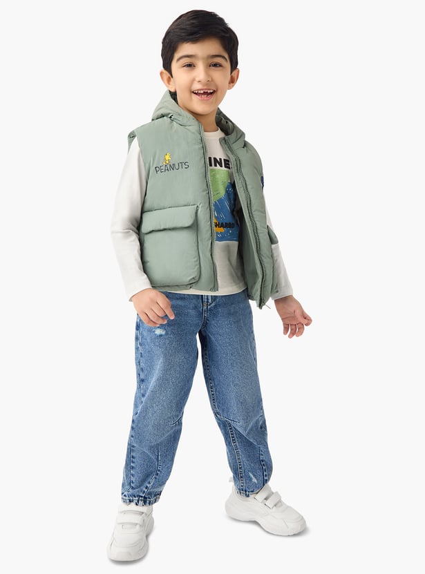 Juniors Peanuts Print Hooded Gilet with Pockets