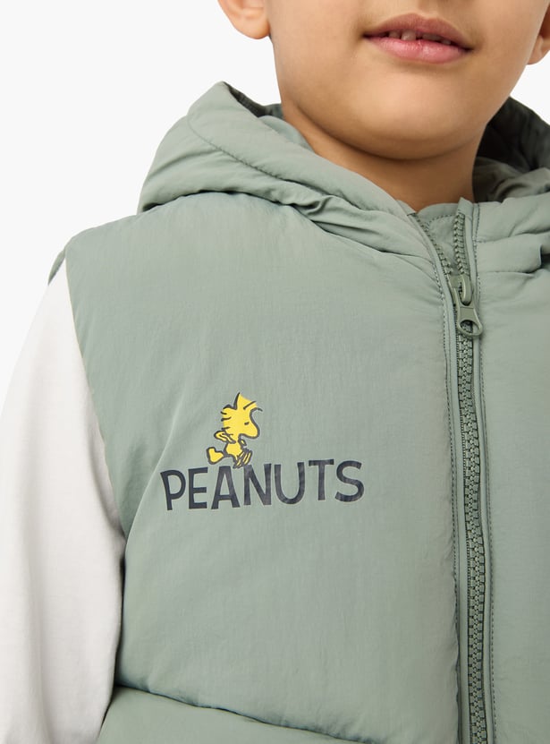 Juniors Peanuts Print Hooded Gilet with Pockets