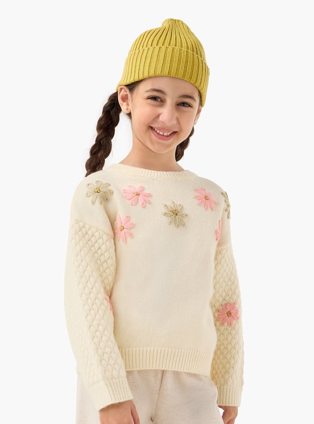 Juniors Floral Embroidered Sweater with Long Sleeves