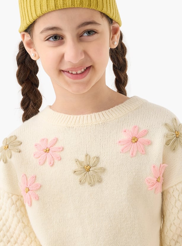 Juniors Floral Embroidered Sweater with Long Sleeves