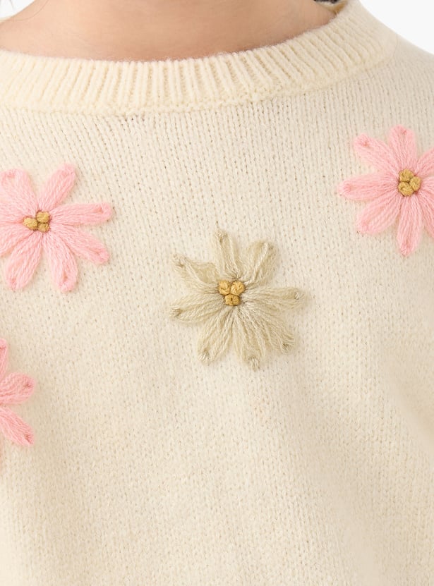 Juniors Floral Embroidered Sweater with Long Sleeves
