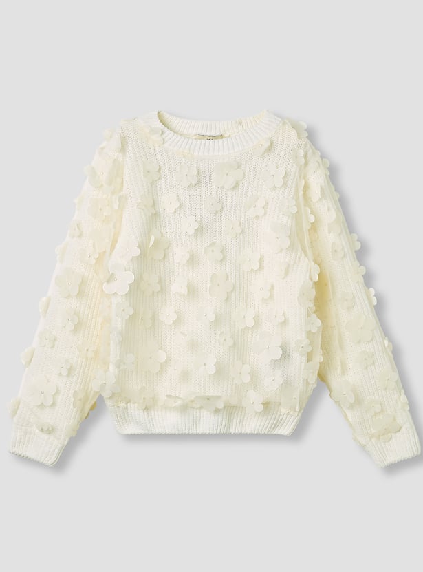 Juniors Floral Applique Ribbed Sweater with Long Sleeves