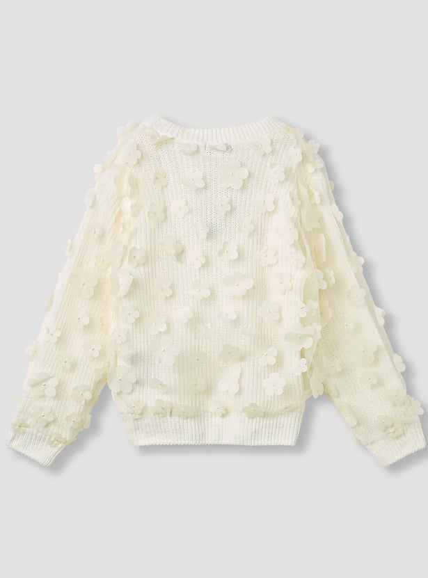 Juniors Floral Applique Ribbed Sweater with Long Sleeves