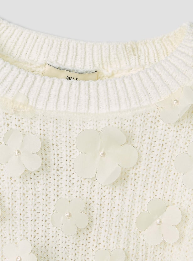 Juniors Floral Applique Ribbed Sweater with Long Sleeves