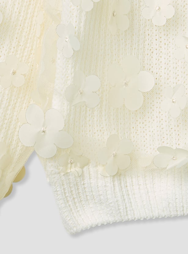 Juniors Floral Applique Ribbed Sweater with Long Sleeves