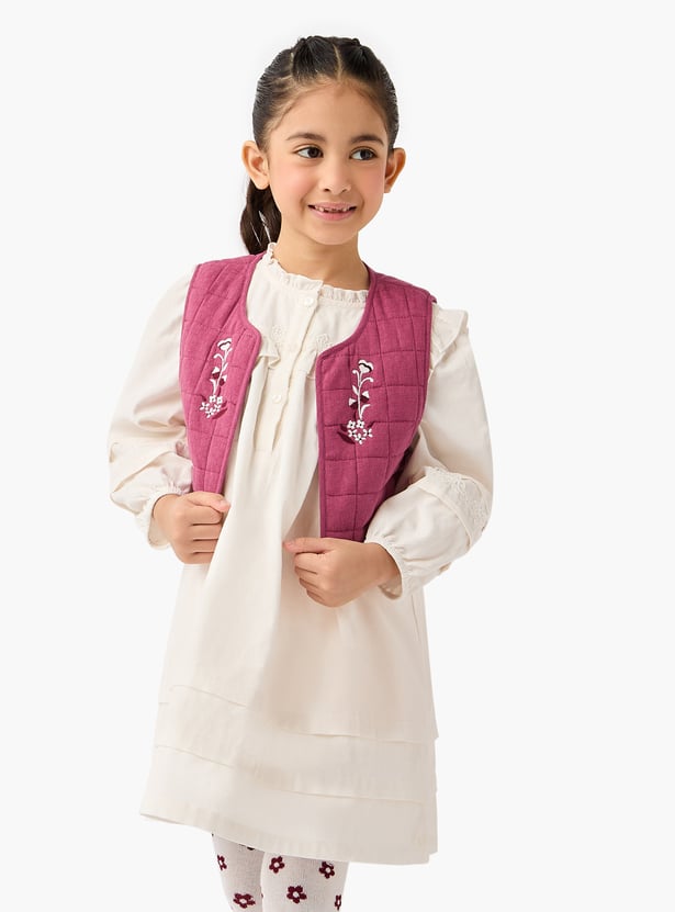 Juniors Ruffled Dress with Floral Embroidered Jacket and Tights