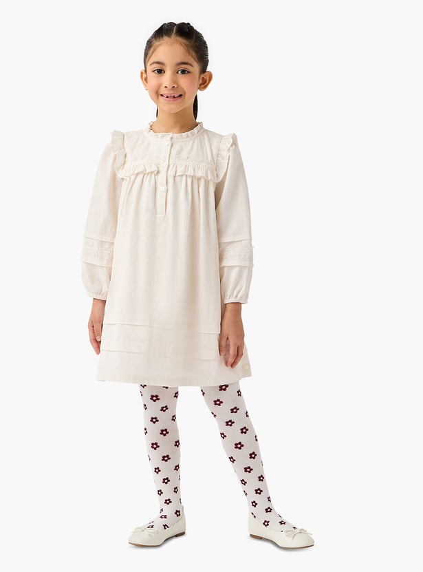 Juniors Ruffled Dress with Floral Embroidered Jacket and Tights