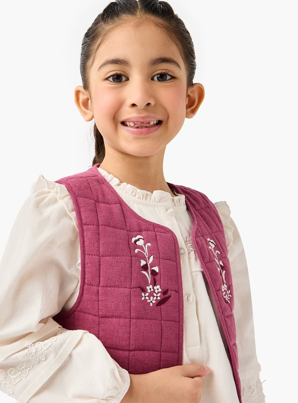 Juniors Ruffled Dress with Floral Embroidered Jacket and Tights