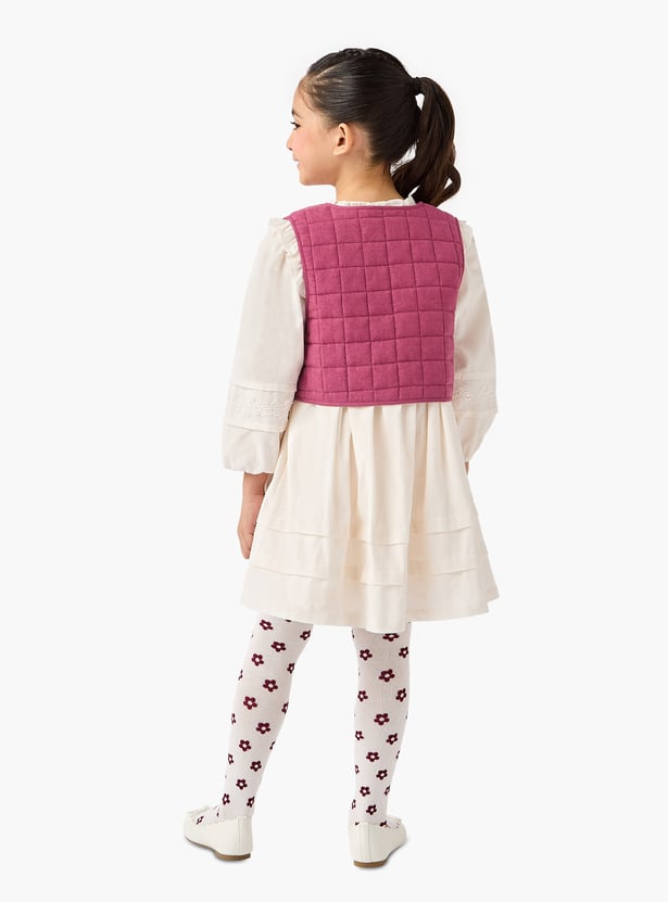 Juniors Ruffled Dress with Floral Embroidered Jacket and Tights