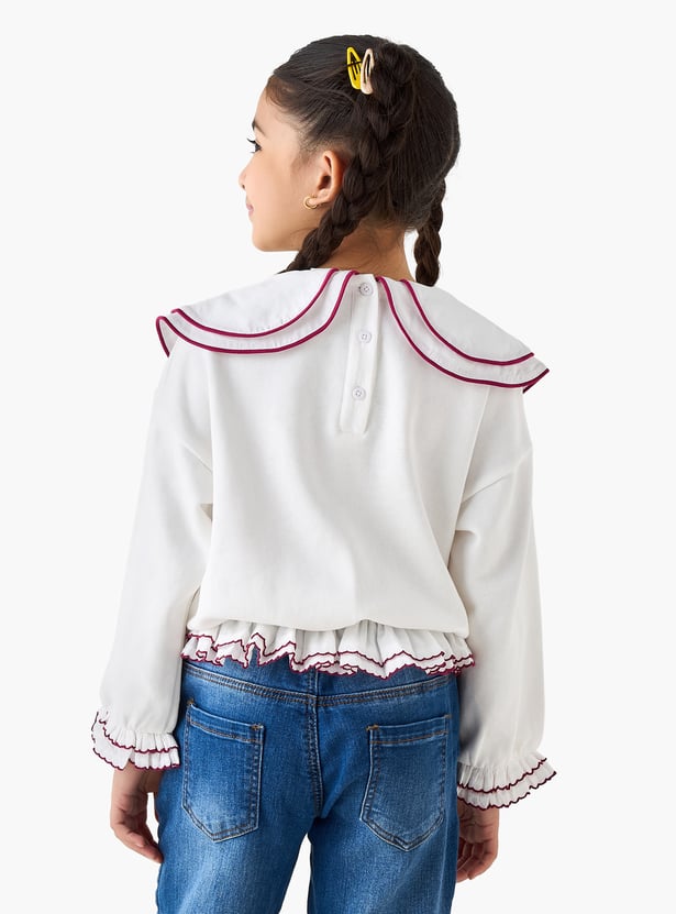 Juniors Solid Peter Pan Collar Sweatshirt with Long Sleeves