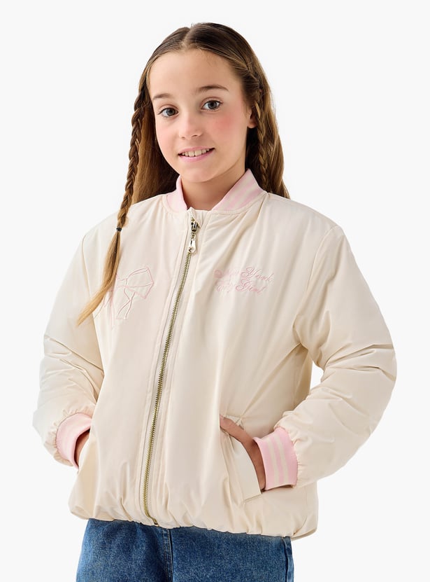 Juniors Embroidered Bomber Jacket with Zip Closure
