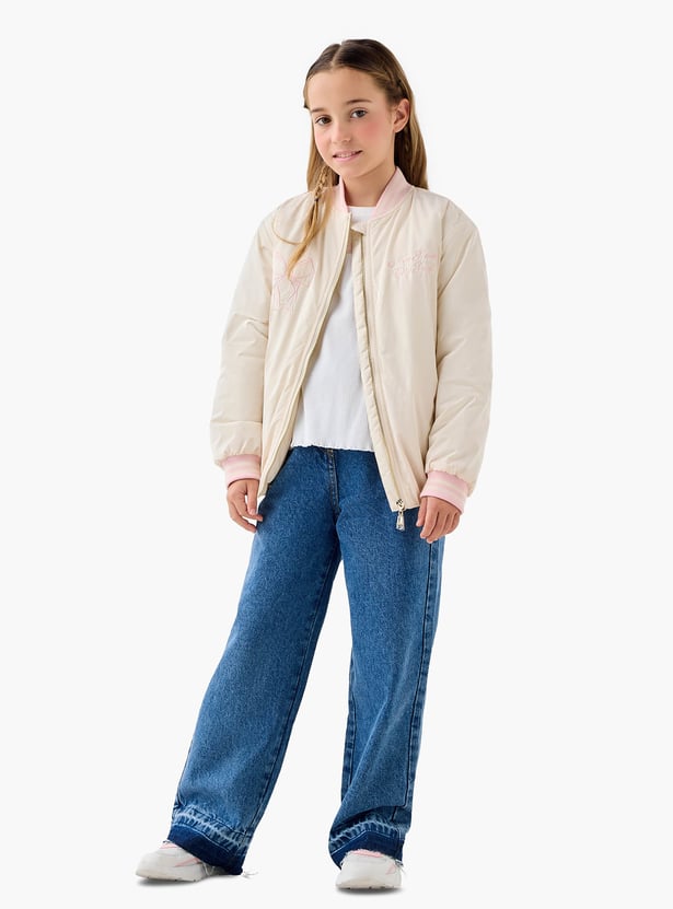 Juniors Embroidered Bomber Jacket with Zip Closure