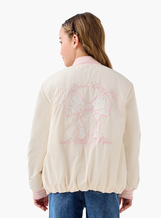 Juniors Embroidered Bomber Jacket with Zip Closure