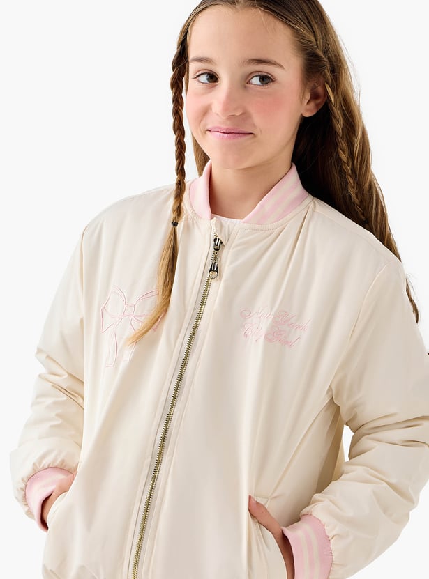 Juniors Embroidered Bomber Jacket with Zip Closure