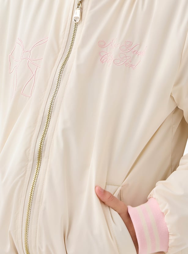 Juniors Embroidered Bomber Jacket with Zip Closure