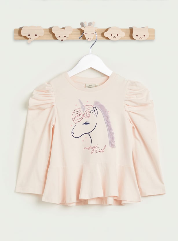 Juniors Unicorn Applique Peplum Top with Long Sleeves