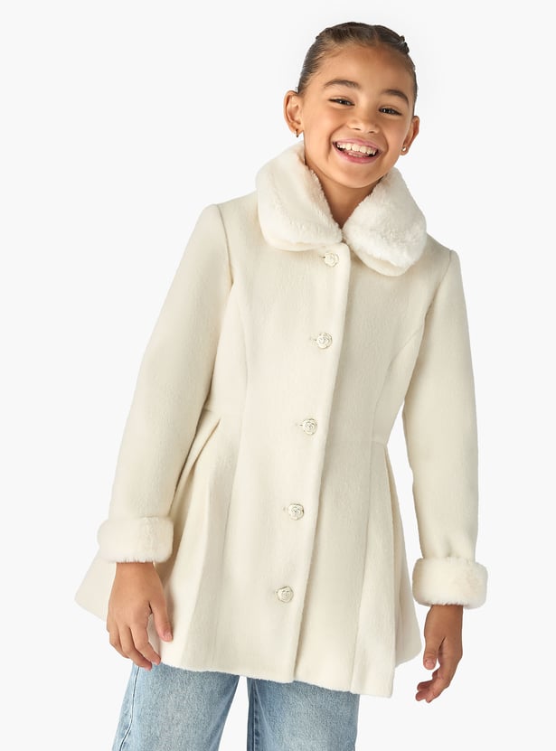 Juniors Solid Faux Fur Collared Coat