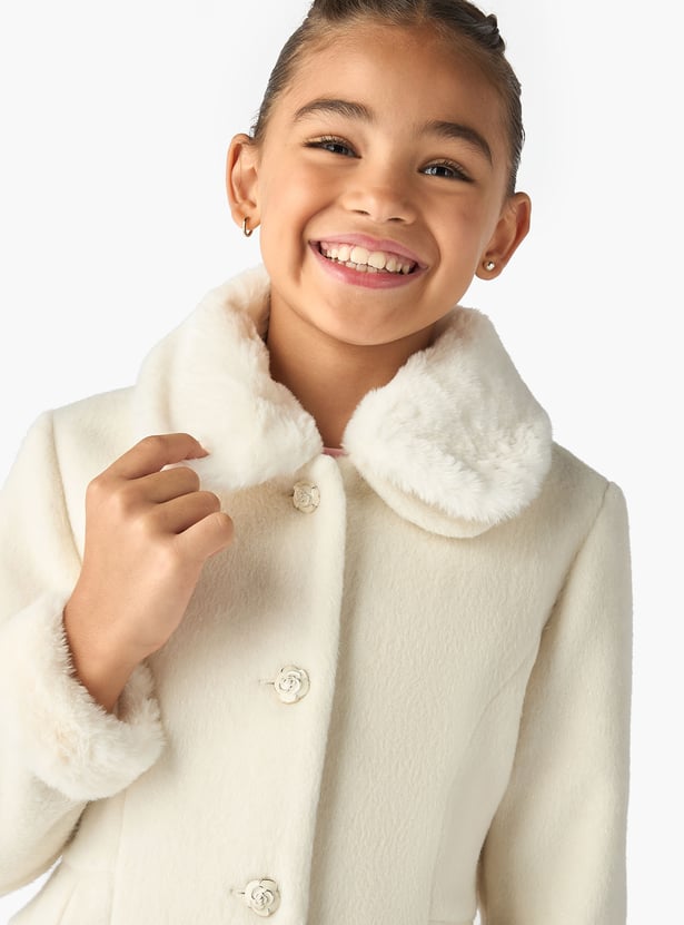 Juniors Solid Faux Fur Collared Coat